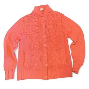 Vintage 80s Women's M Pink Cable Knit Big Button Pocket Acrylic Cardigan Sweater